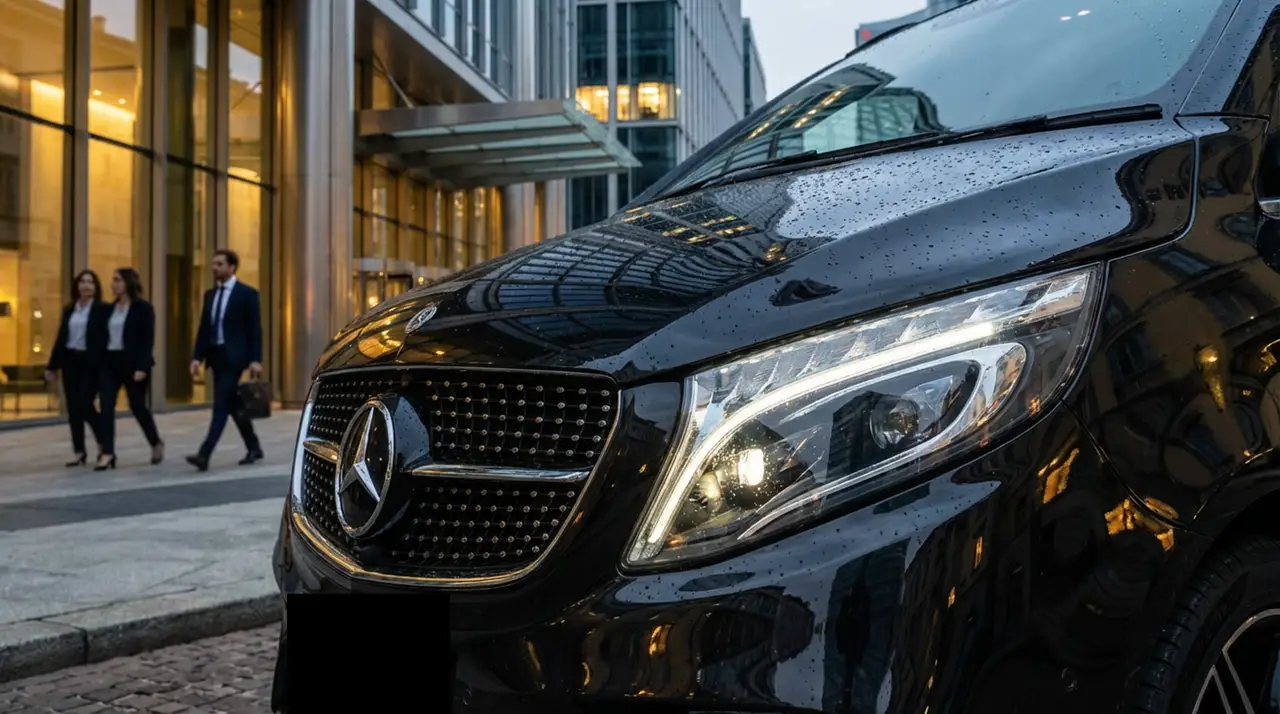 Mercedes V Class 2026, vue avant — Cannes Luxury Car Rental, Cannes. Mercedes Benz V Class in Cannes Louer un Mercedes Benz V Class à Cannes offre une…