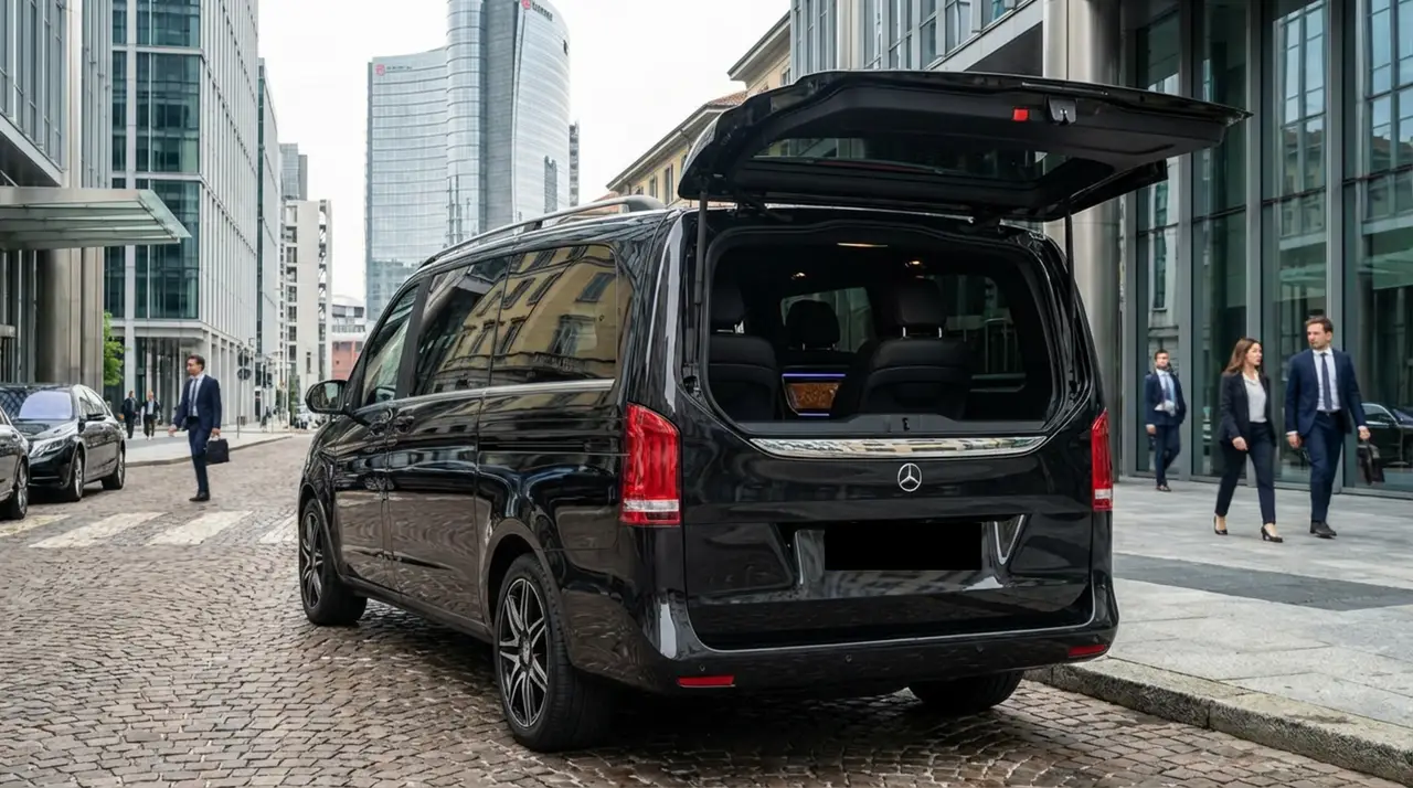 Mercedes V Class 2026, vue arrière — Cannes Luxury Car Rental, Cannes. Mercedes Benz V Class in Cannes Louer un Mercedes Benz V Class à Cannes offre une…